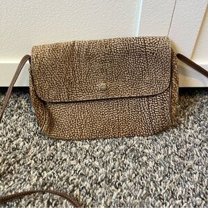 Borbonese Redwall Brown Leather‎ Made In Italy Vintage Top Zip Crossbody Purse